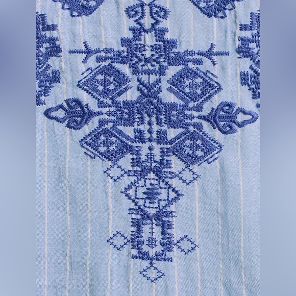 Patchwork Print Embroidered Split Round Neck 3/4 Tiered Ruffle Sleeve Tunic - Picture 3 of 3